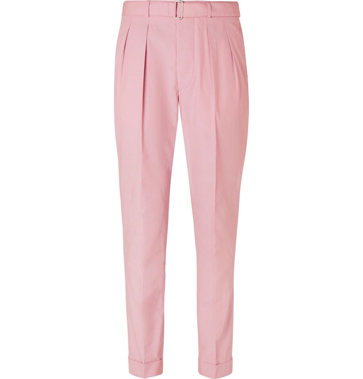 Photo: Officine Generale - Pierre Slim-Fit Belted Pleated Cotton-Poplin Suit Trousers - Pink