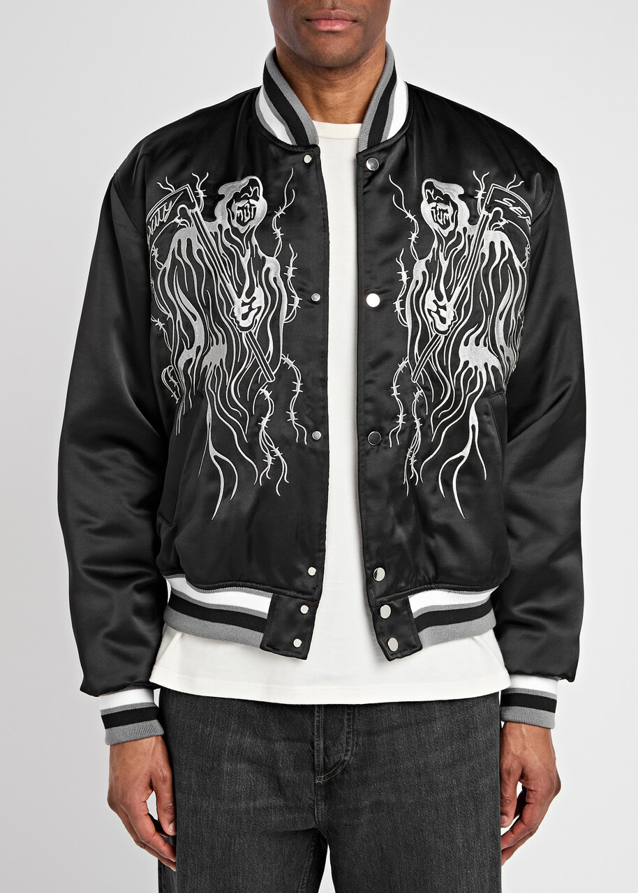 Warren Lotas Serenity Reaper Embroidered Satin Bomber Jacket Black