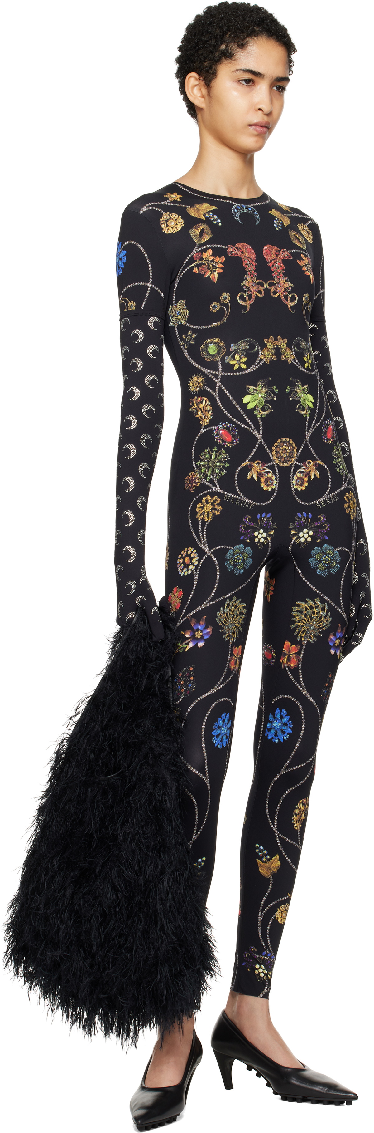Marine Serre Black Moon Rhinstoned Jersey Long Gloves