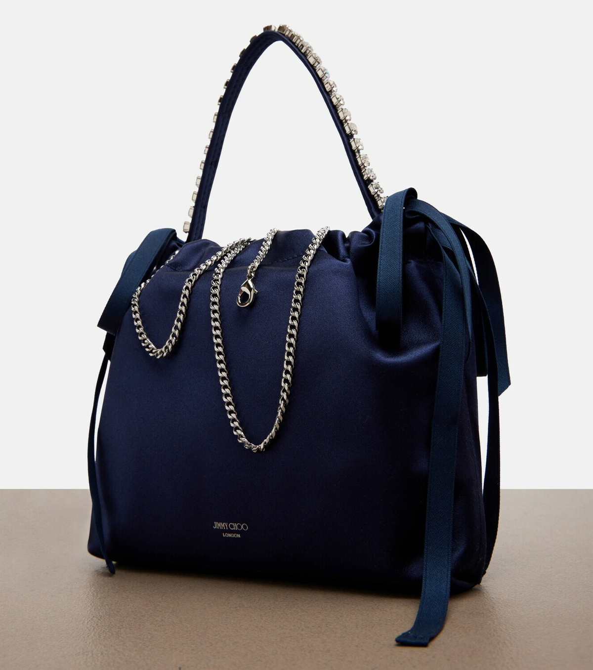 Jimmy Choo Drawstring Mini embellished satin top-handle bag