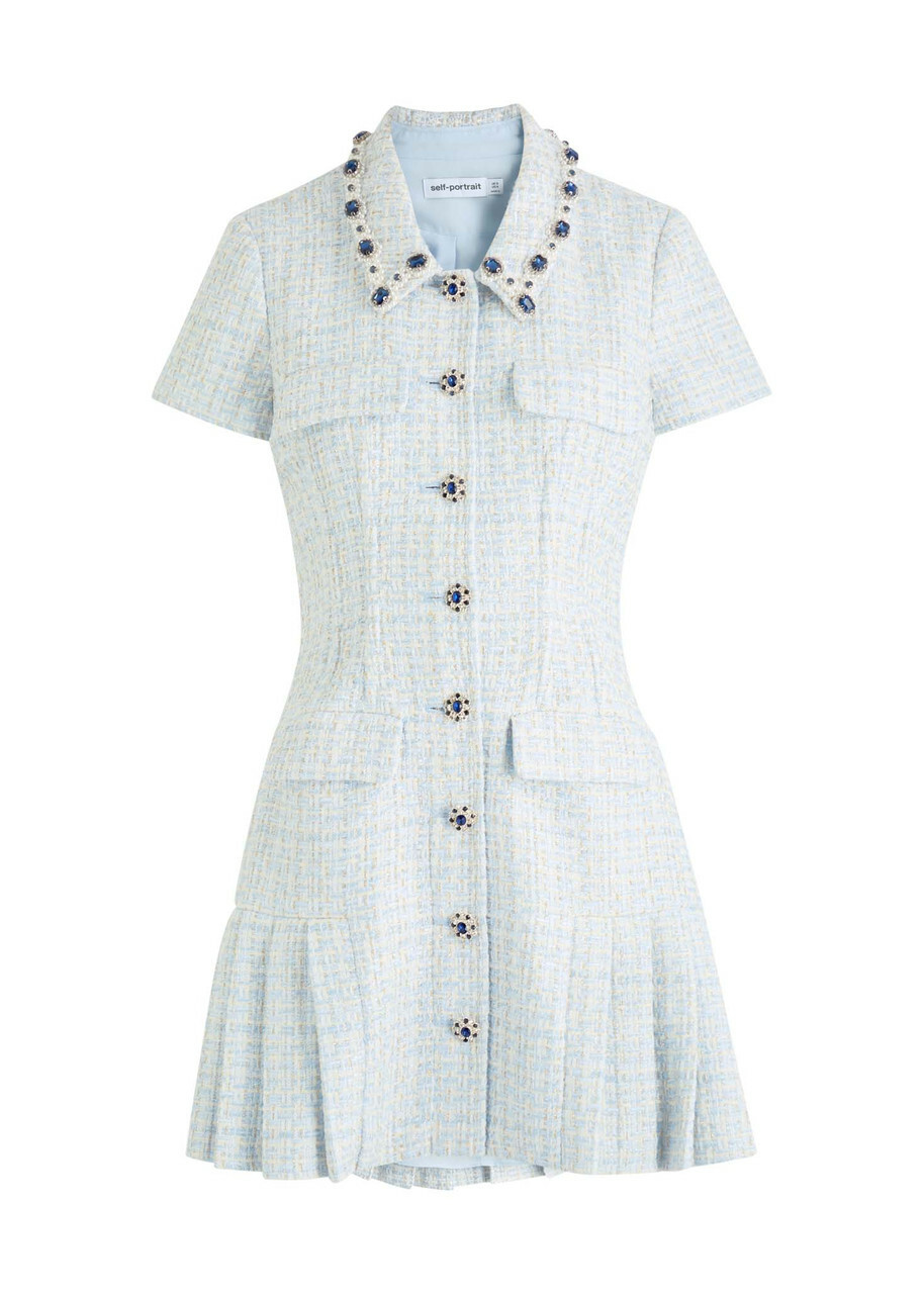 Self-portrait Embellished Metallic Tweed Mini Dress Blue