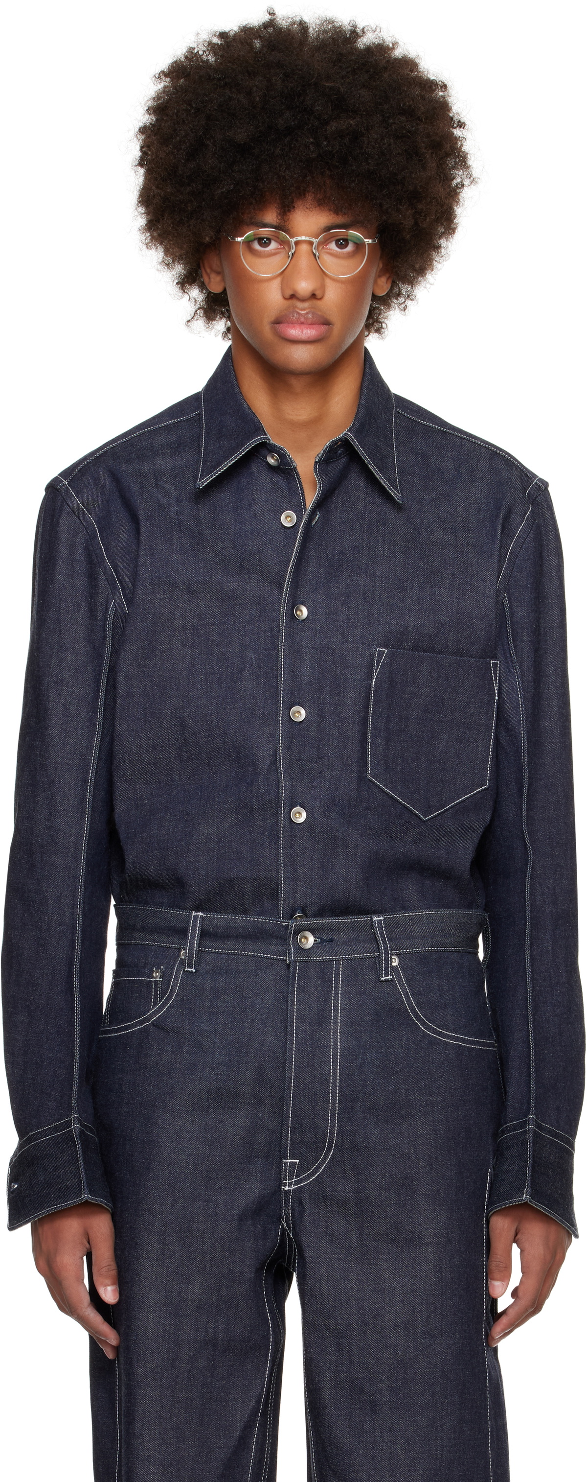 Karmuel Young Navy Raw Curved Arm Denim Shirt
