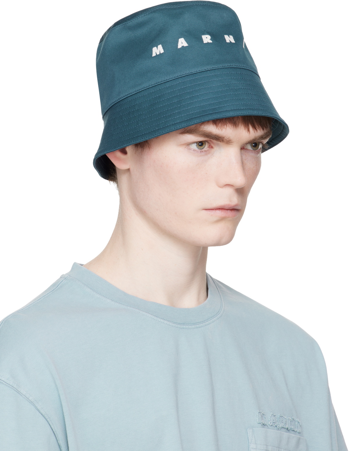 Marni Navy Embroidered Logo Water-Repellent Gabardine Bucket Hat