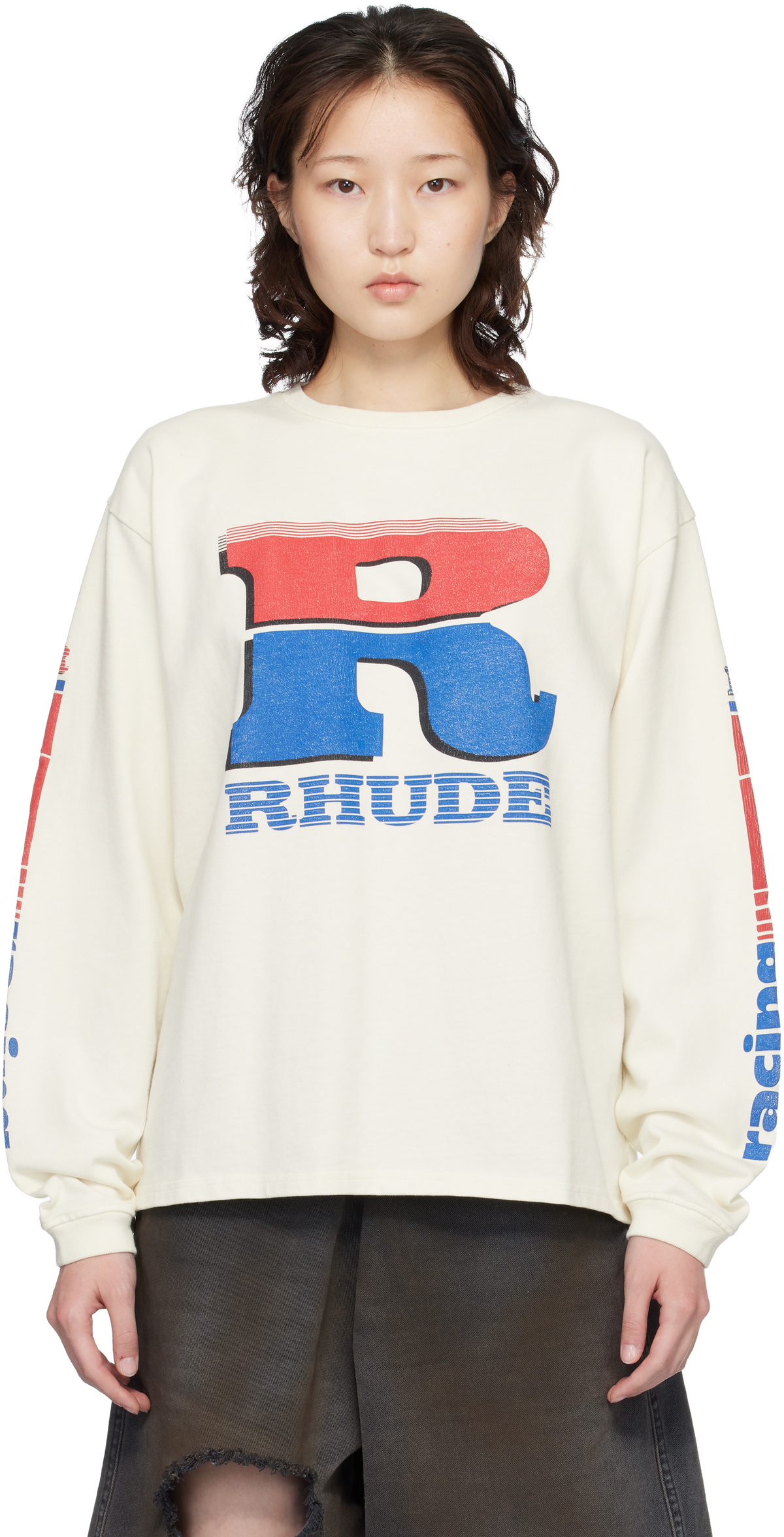 Rhude Off-White Split Petrol Logo LS T-shirt