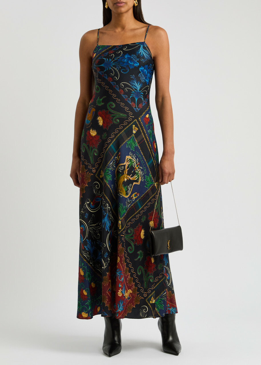 Farm Rio Printed Satin Maxi Slip Dress Black