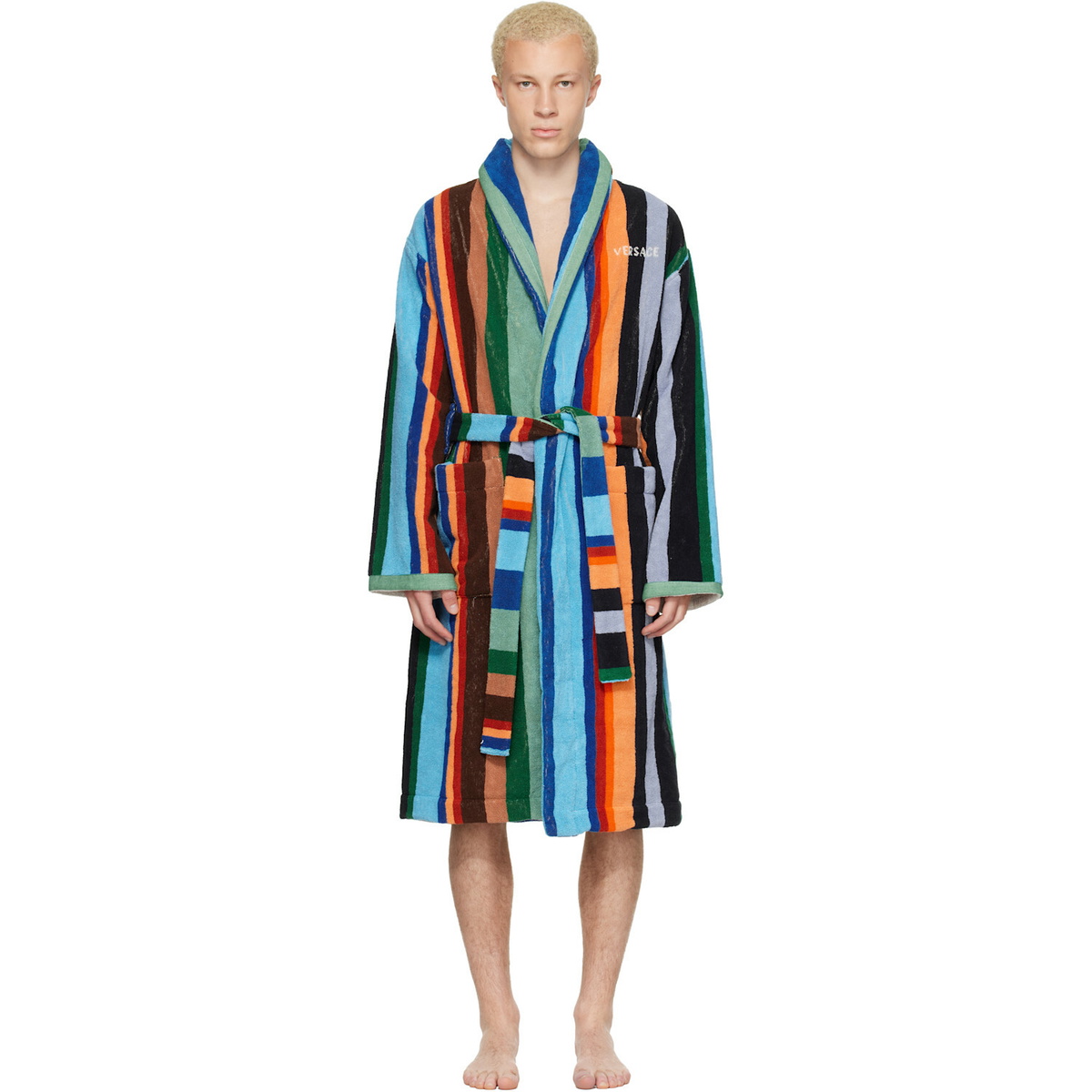 Versace Multicolor Striped Cotton-Terry Jacquard Bathrobe