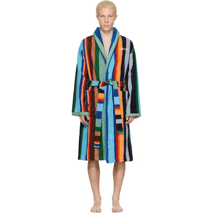 Photo: Versace Multicolor Striped Cotton-Terry Jacquard Bathrobe