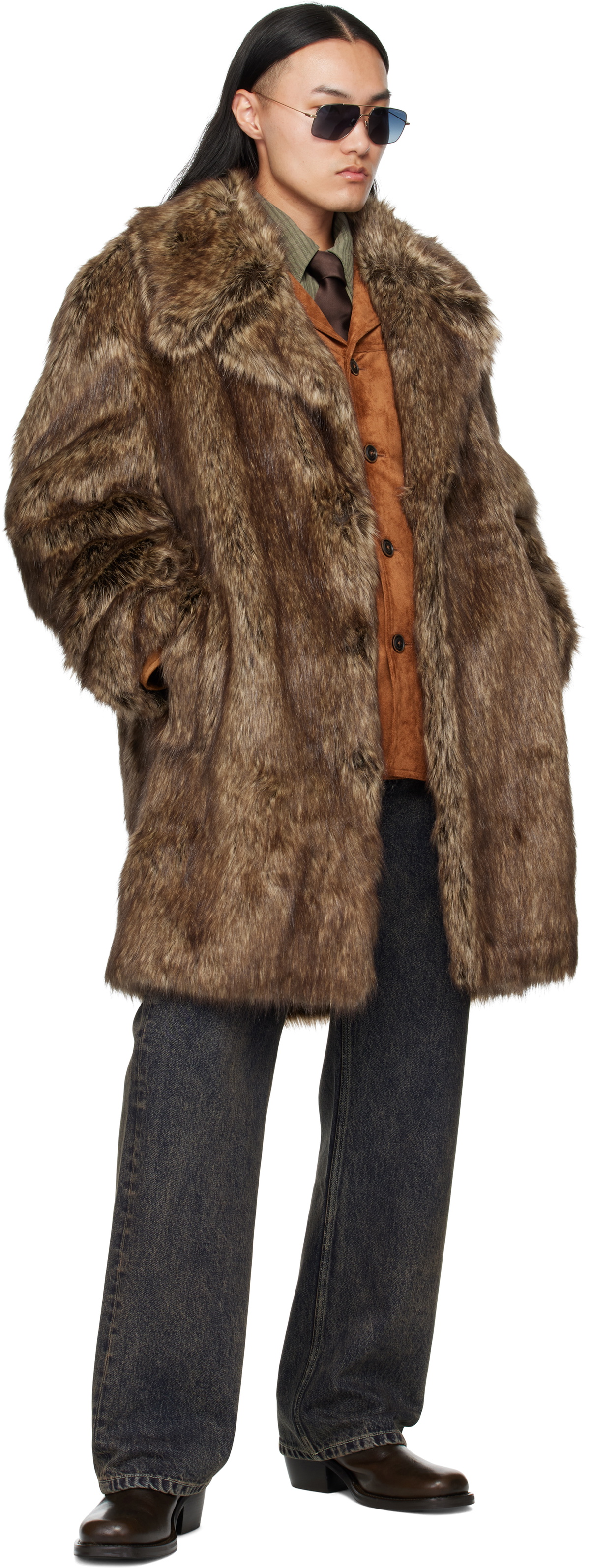 MMIC Brown Buttoned Faux-Fur Coat
