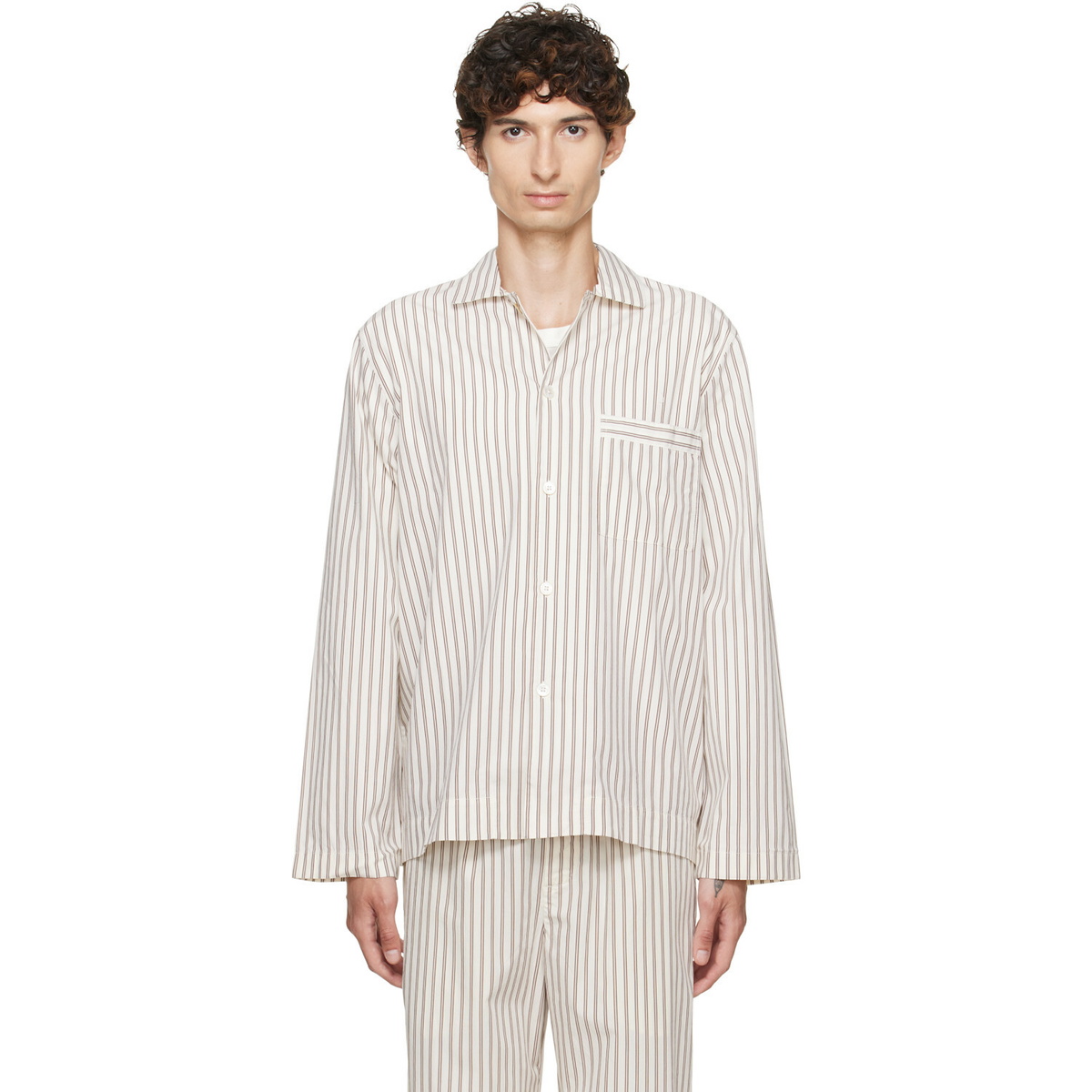 Tekla Off-White & Brown Poplin Long-Sleeved Pyjama Shirt
