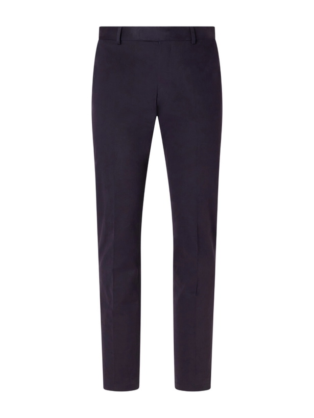Photo: Brioni - Tapered Brushed Cotton-Blend Gabardine Trousers - Blue