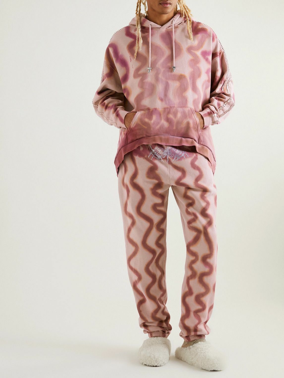 Collina Strada - Tapered Crystal-Embellished Tie-Dyed Cotton-Jersey Sweatpants - Pink