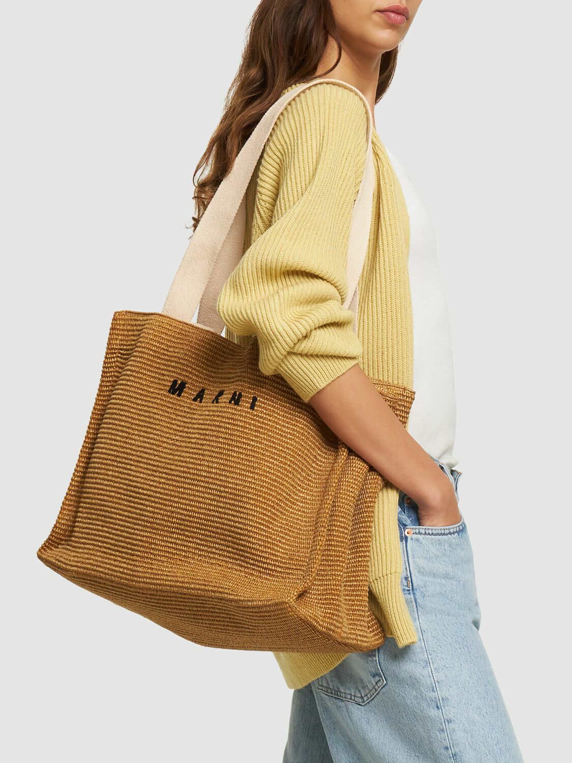 MARNI - Large Logo Raffia Effect Tote Bag