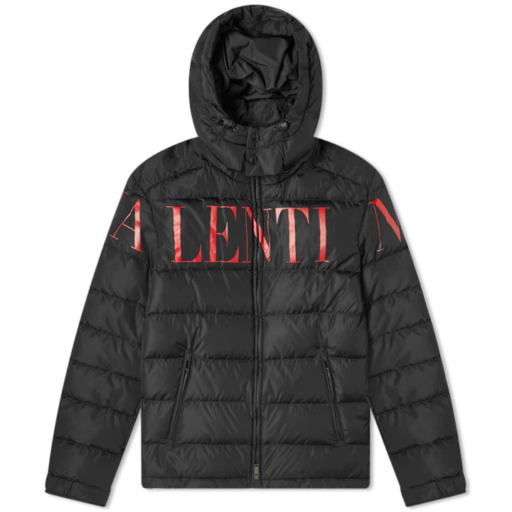 Photo: Valentino Logo Print Hooded Down Jacket Black & Red