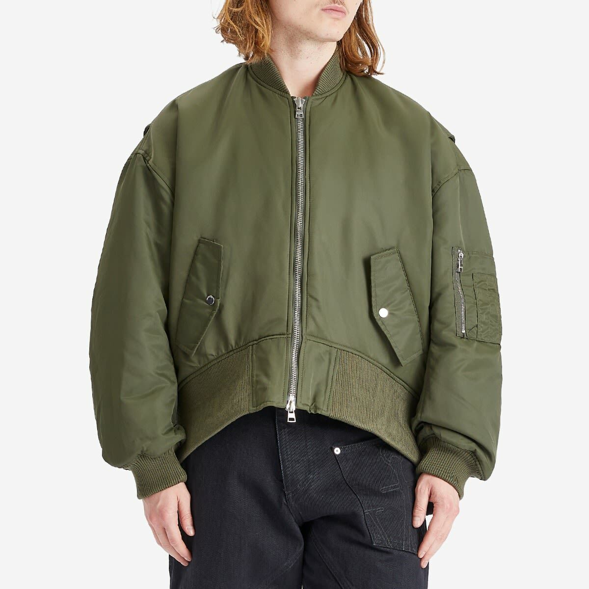 JW Anderson Men's Oversized Curved Hem Bomber Jacket in Olive