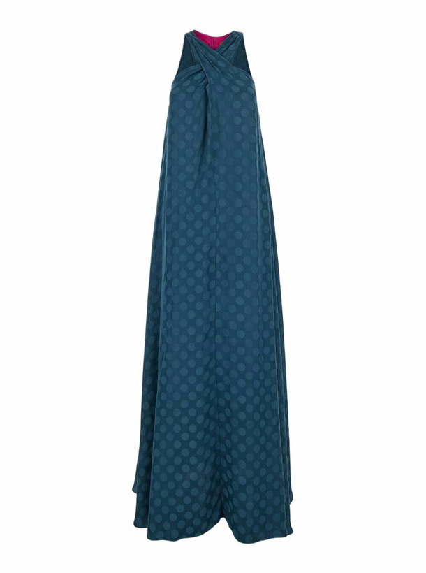 Photo: Merci Blue Dress With Neckline On The Front And Polka Dot Motif In Fabric Woman