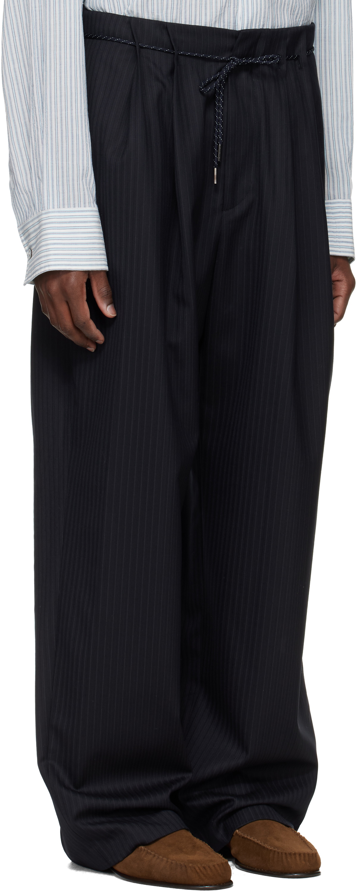 WOOYOUNGMI Navy Wool Stripe Wide Trousers