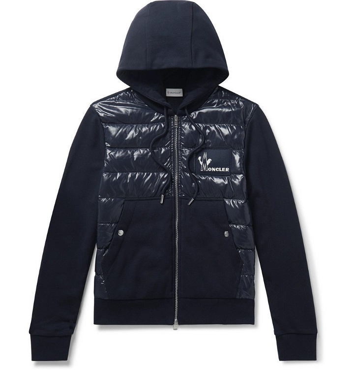 Photo: Moncler - Panelled Cotton-Jersey and Quilted Shell Down Zip-Up Hoodie - Navy