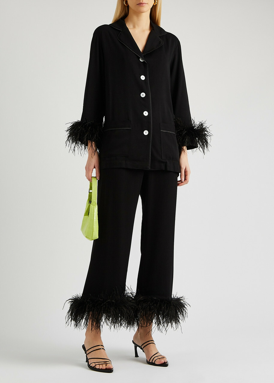 Sleeper Party Feather-trimmed Pyjama set Black
