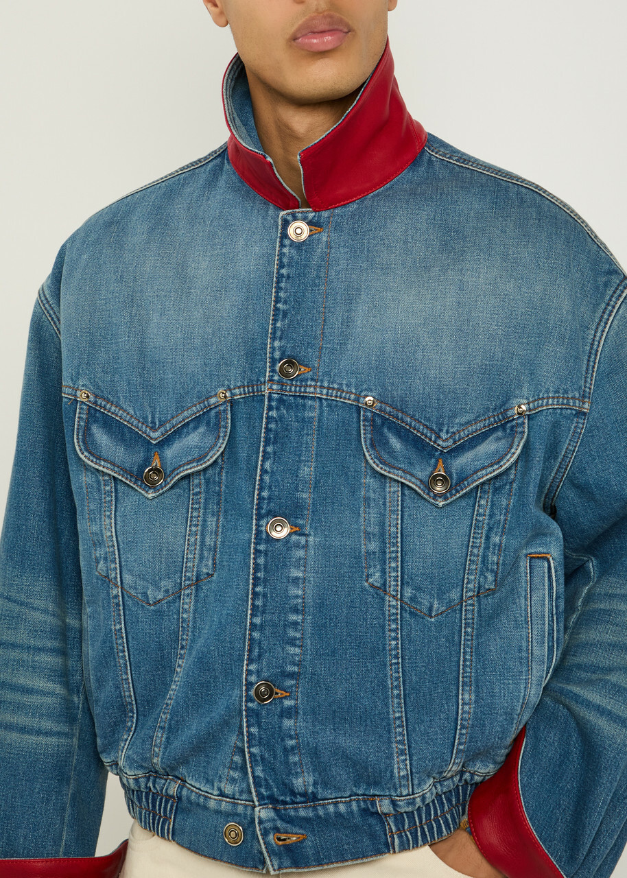 Versace Leather-collar Denim Jacket Blue