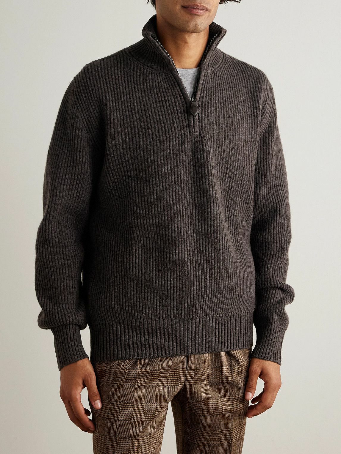 Purdey - Clifford Ribbed Wool and Cashmere-Blend Half-Zip Sweater - Brown