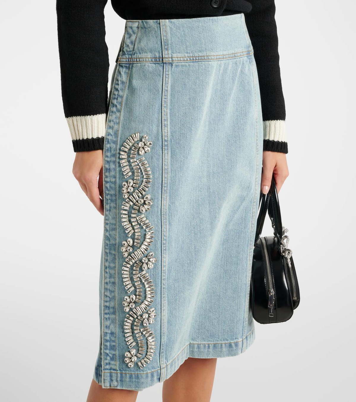 Xu Zhi Crystal-embellished denim midi skirt