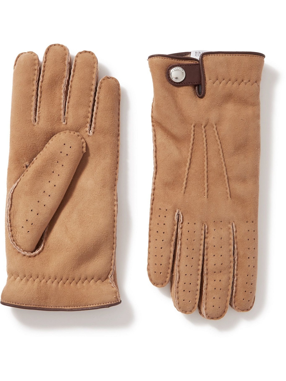 Photo: BRUNELLO CUCINELLI - Shearling-Lined Perforated Suede Gloves - Brown