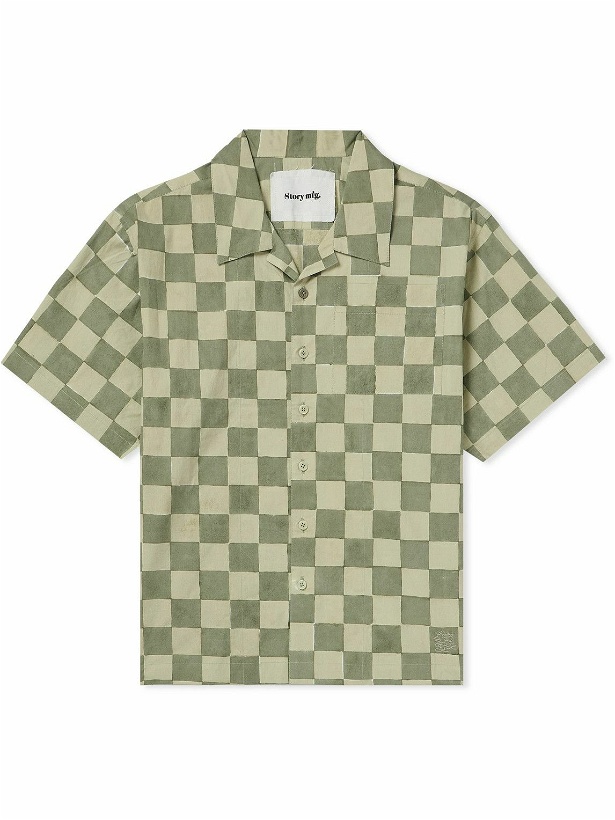 Photo: Story Mfg. - Greetings Camp-Collar Logo-Embroidered Checked Organic Cotton Shirt - Green