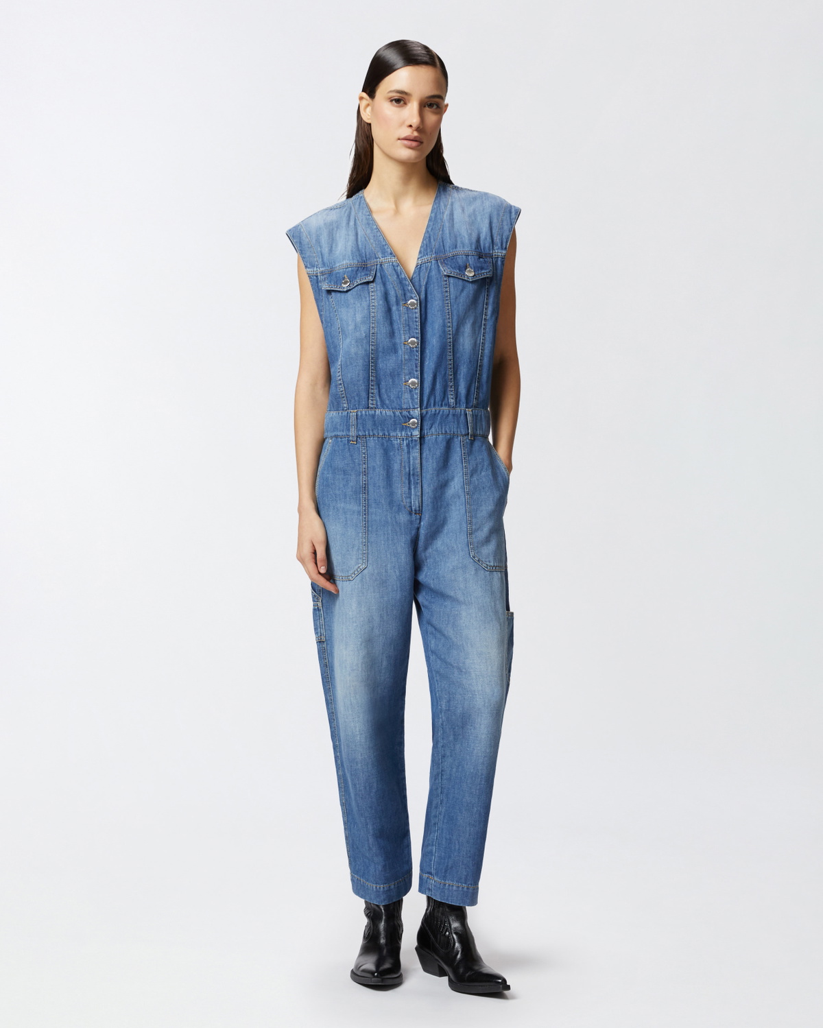 Pinko Sleeveless Denim Jumpsuit Mid Wash