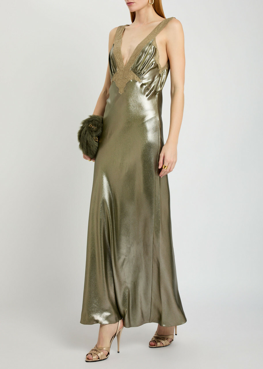 Saint Laurent Metallic Silk Maxi Dress Silver Other