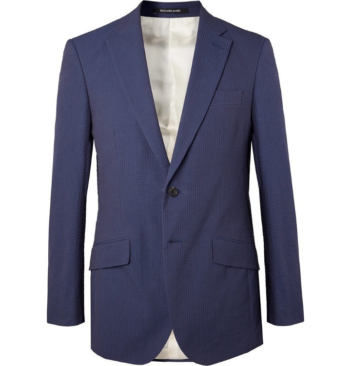 Photo: Richard James - Navy Sheisen Slim-Fit Cotton-Seersucker Suit Jacket - Blue