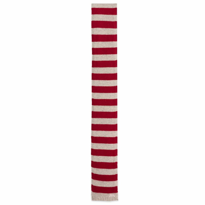 Photo: Damson Madder Women's Stripe Skinny Scarf in Burgundy/Grey 