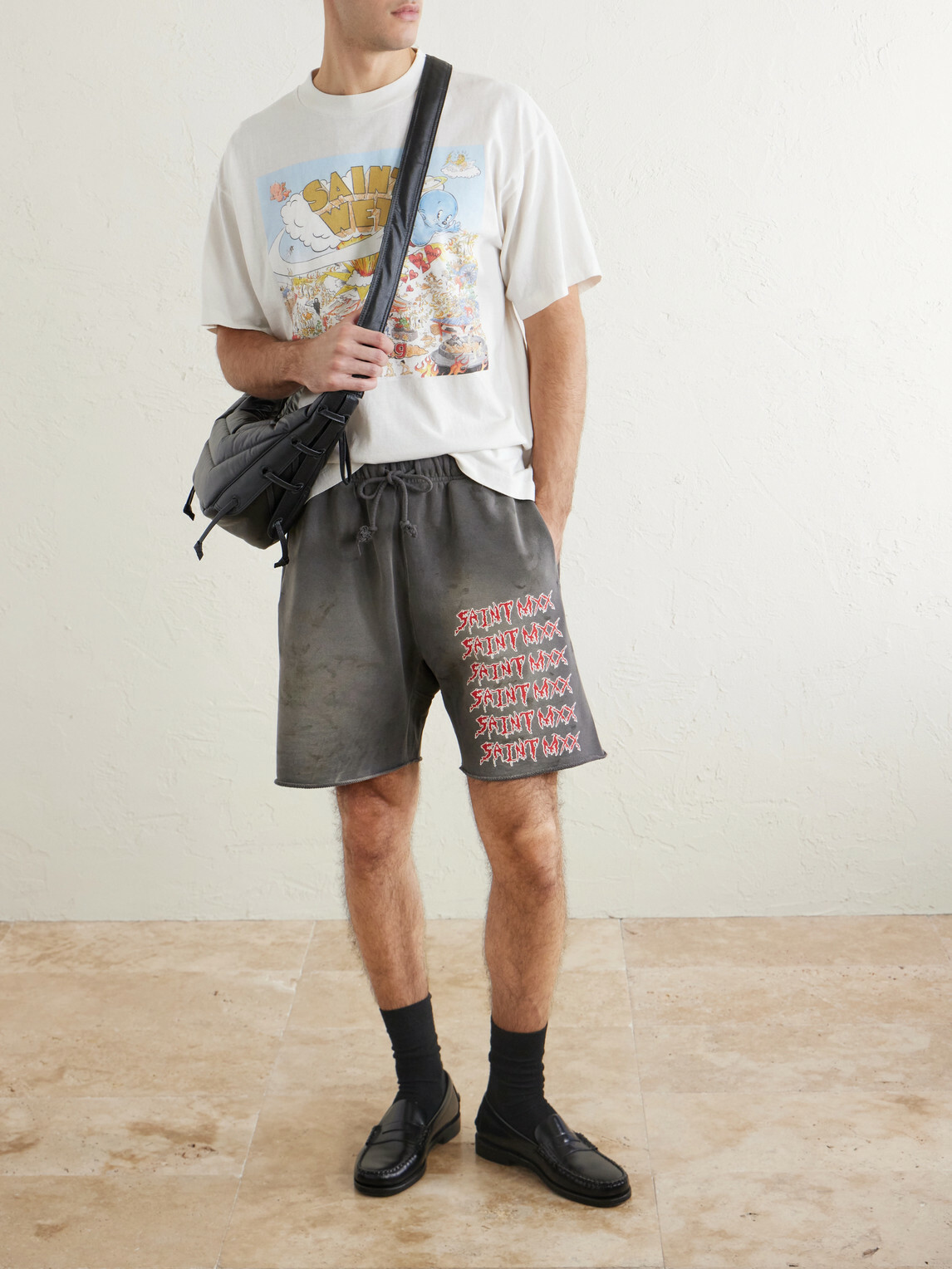 SAINT MXXXXXX - Wide-Leg Logo-Print Distressed Cotton-Jersey Drawstring Shorts - Gray