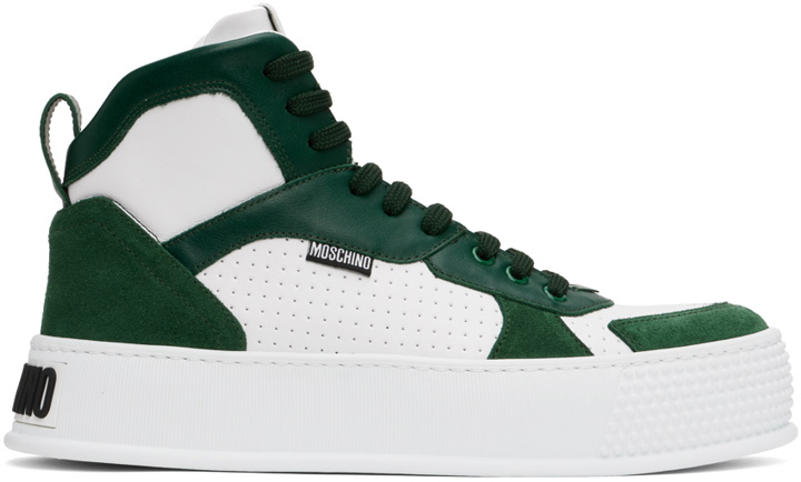 Photo: Moschino White & Green Bumps & Stripes High-Top Sneakers