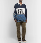 Greg Lauren - Panelled Distressed Cotton-Jersey and Denim Rugby Shirt - Blue