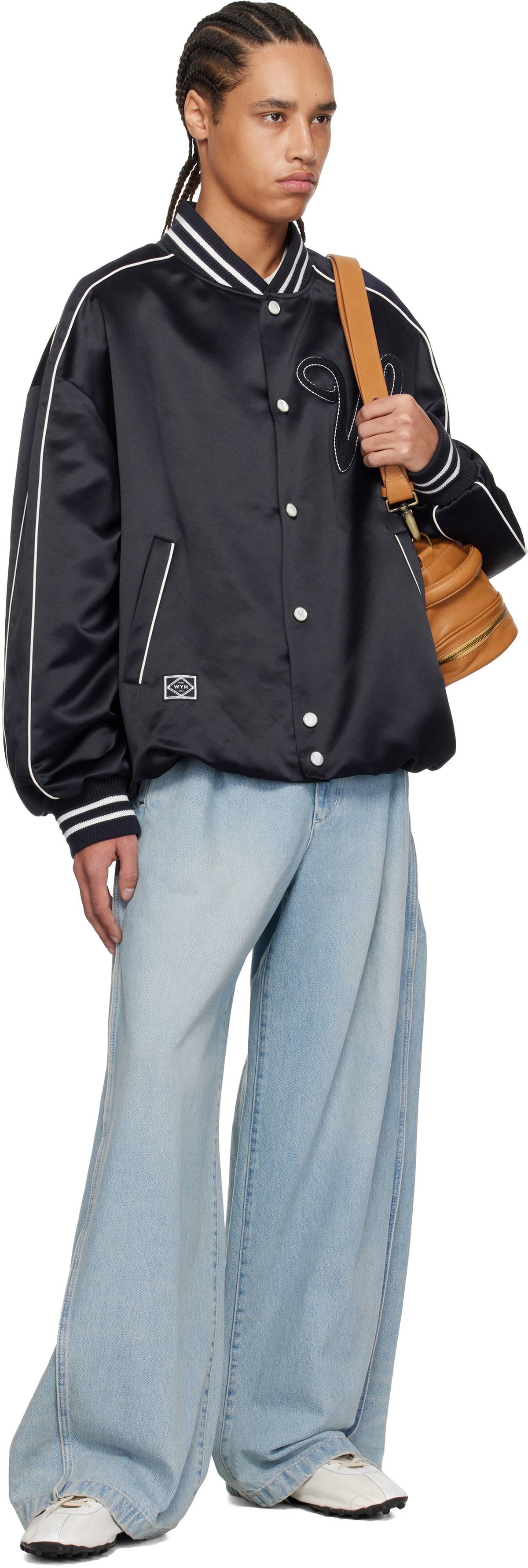 WOOYOUNGMI Navy Embroidered Patch Varsity Bomber Jacket