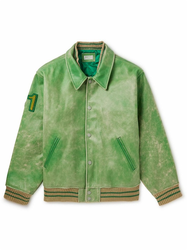 Photo: Guess USA - Appliquéd Distressed Leather Varsity Jacket - Green