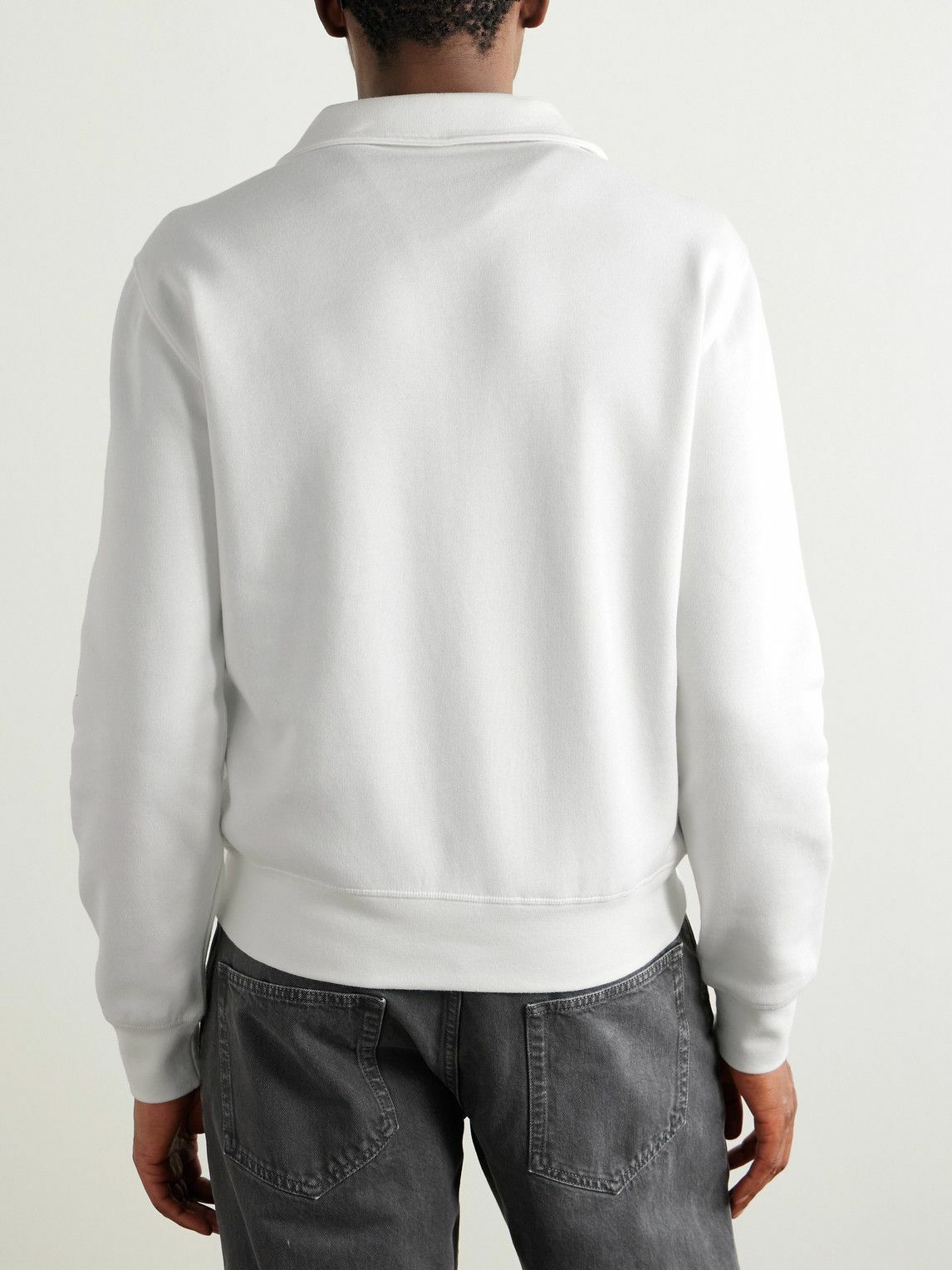 TOM FORD - Leather-Trimmed Cotton and Cashmere-Blend Jersey Half-Zip Sweatshirt - White