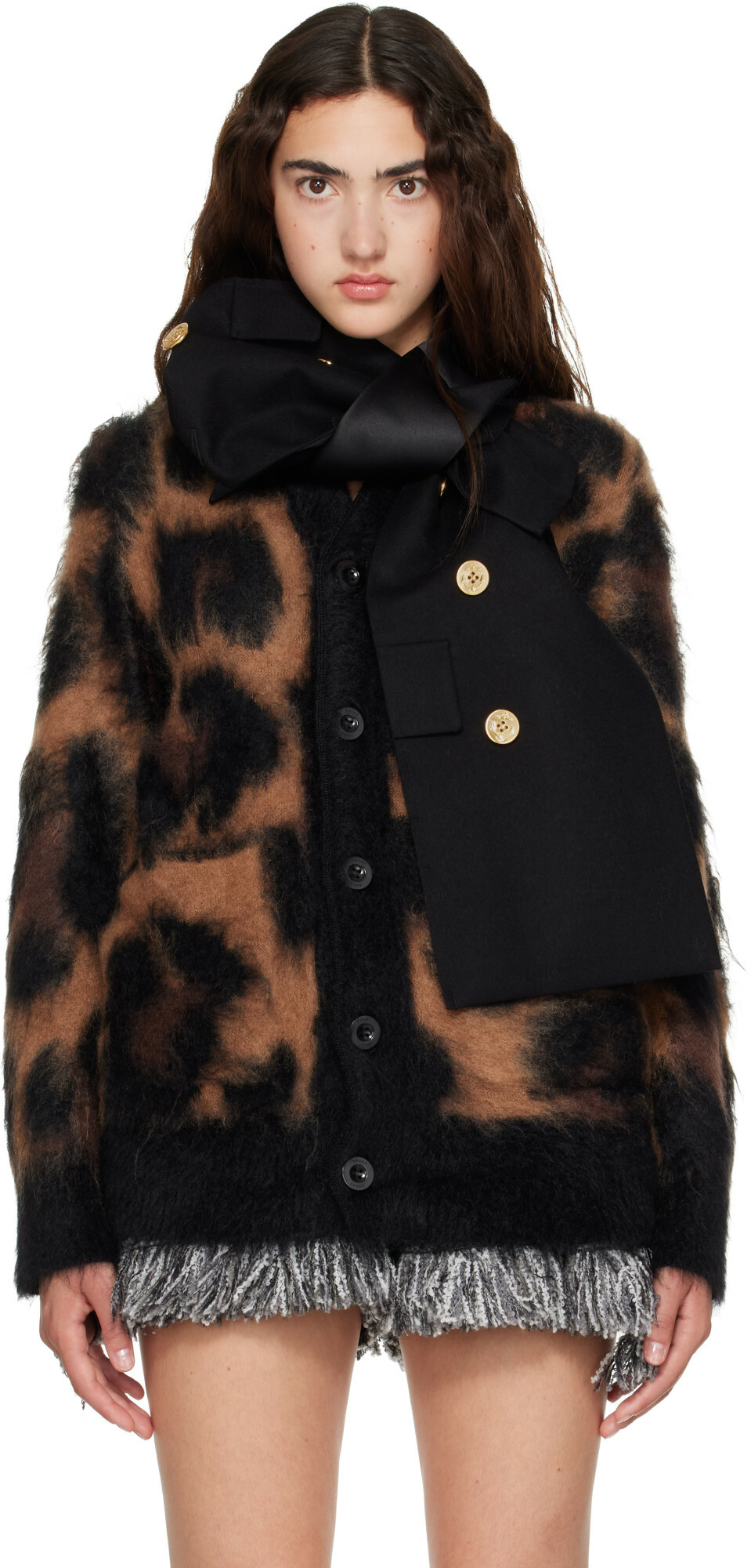 sacai Beige Leopard Mohair Knit Cardigan