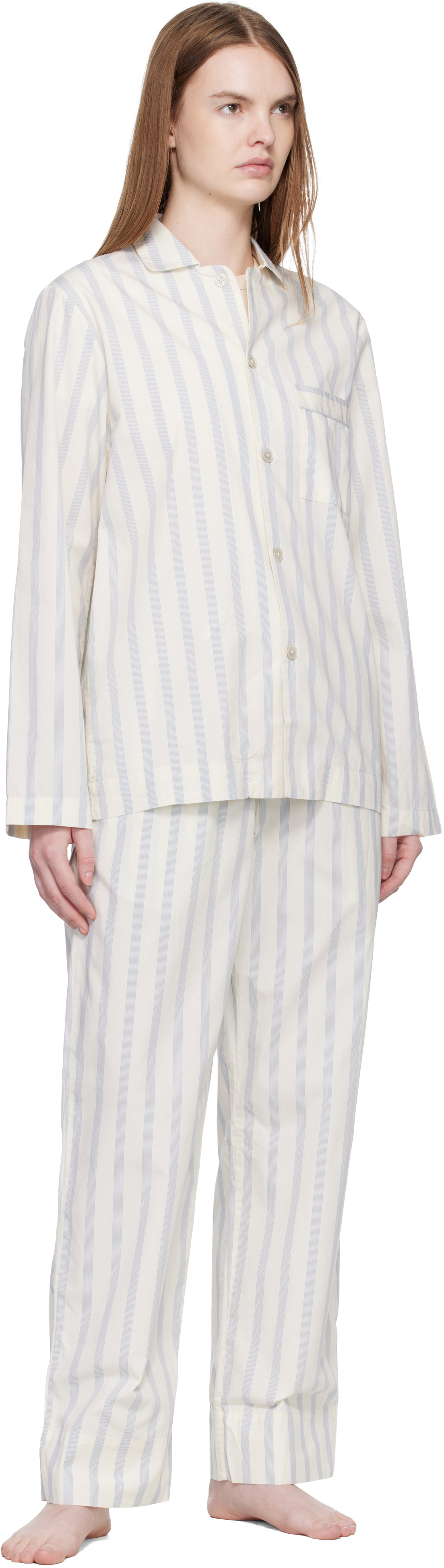 Tekla Off-White & Blue Poplin Pyjama Pants