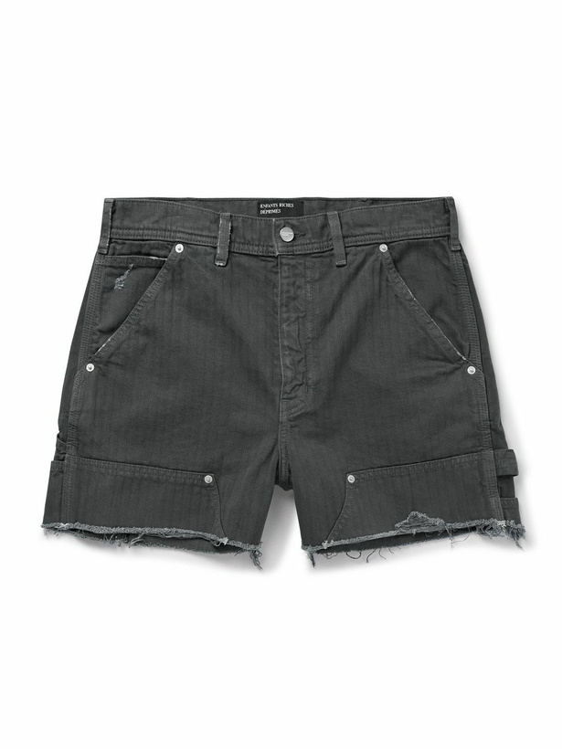 Photo: Enfants Riches Déprimés - Slim-Fit Distressed Herringbone Denim Shorts - Black