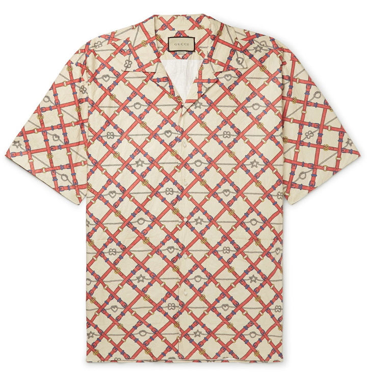 Photo: Gucci - Oversized Camp-Collar Printed Paper-Effect Crinkled-Shell Shirt - Neutrals