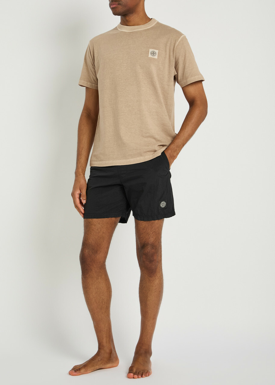 Stone Island Logo Crinkled Nylon Swim Shorts Black