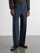 ATON - Pleated Tapered Cotton Trousers - Blue