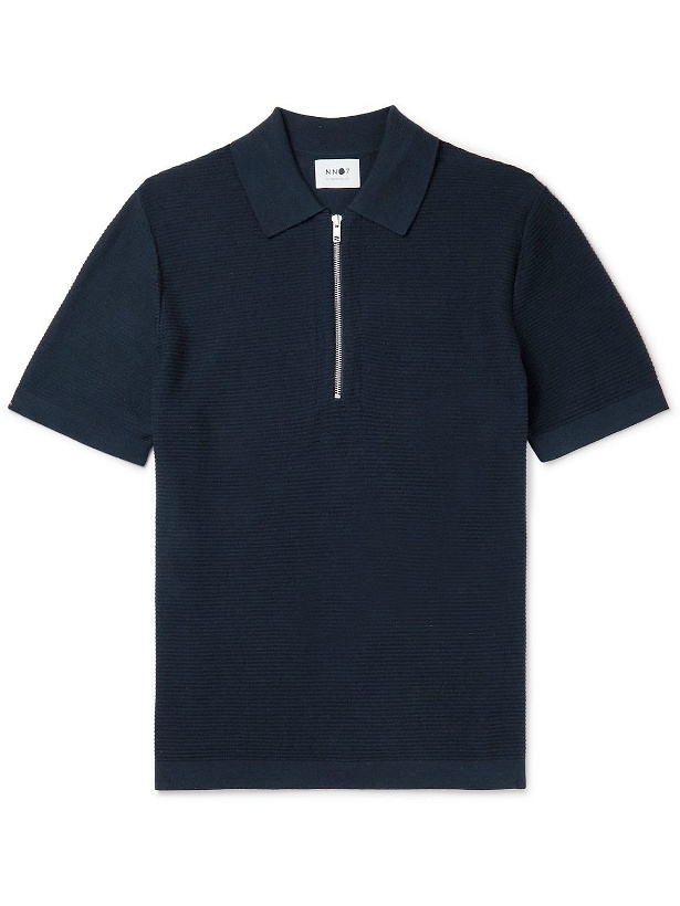 Photo: NN07 - Hansie Ribbed Cotton Half-Zip Polo Shirt - Blue