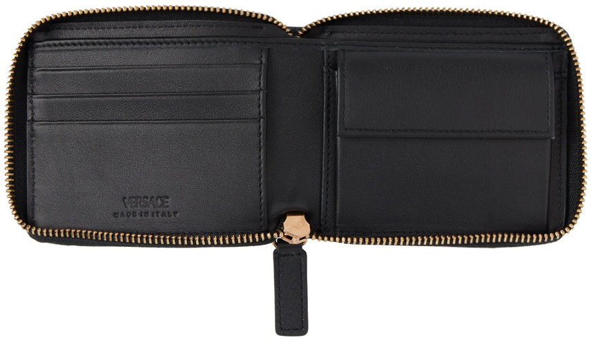 Versace Black Leather Gold Medusa Chain Logo Bifold Wallet