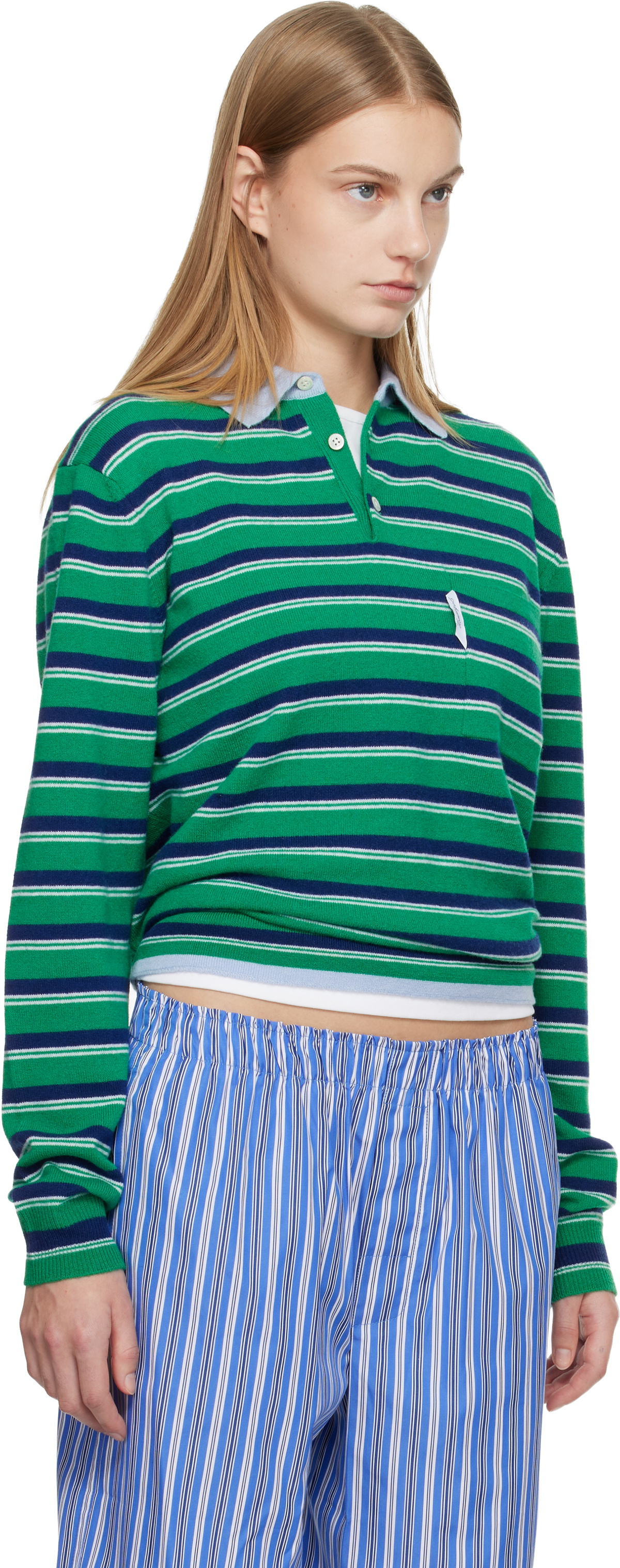 HommeGirls Green & Navy Knit Stripe Polo