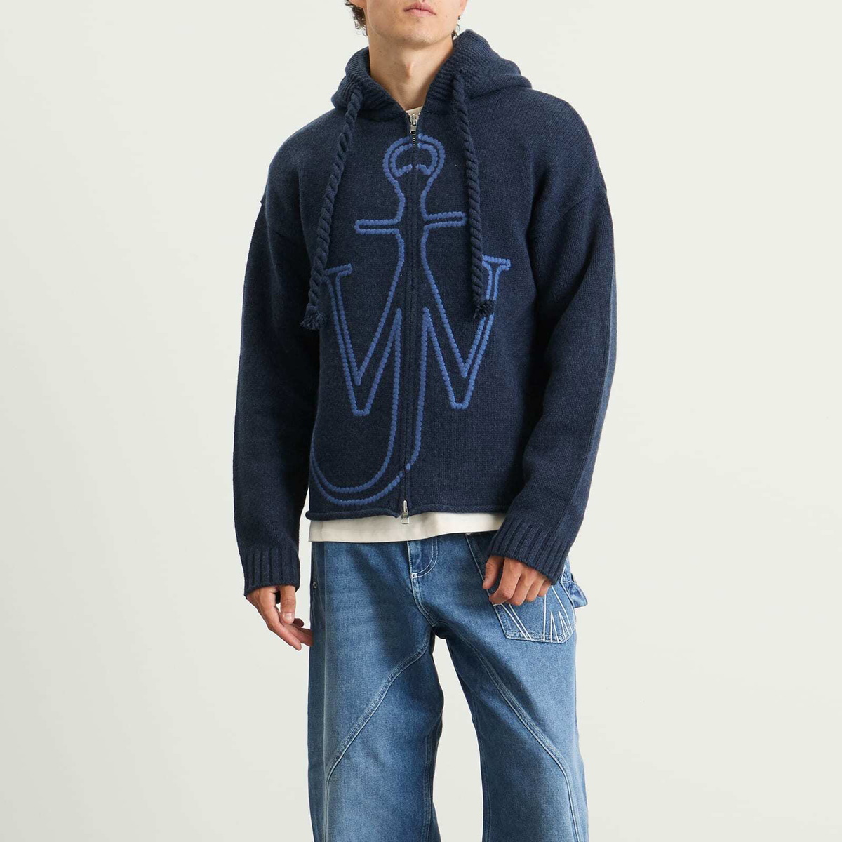 JW Anderson Men's Anchor Embroidery Zipped Hoodie in Steel Blue