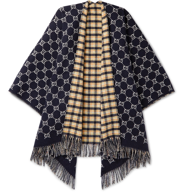 Photo: Gucci - Reversible Logo-Intarsia Fringed Wool Poncho - Blue