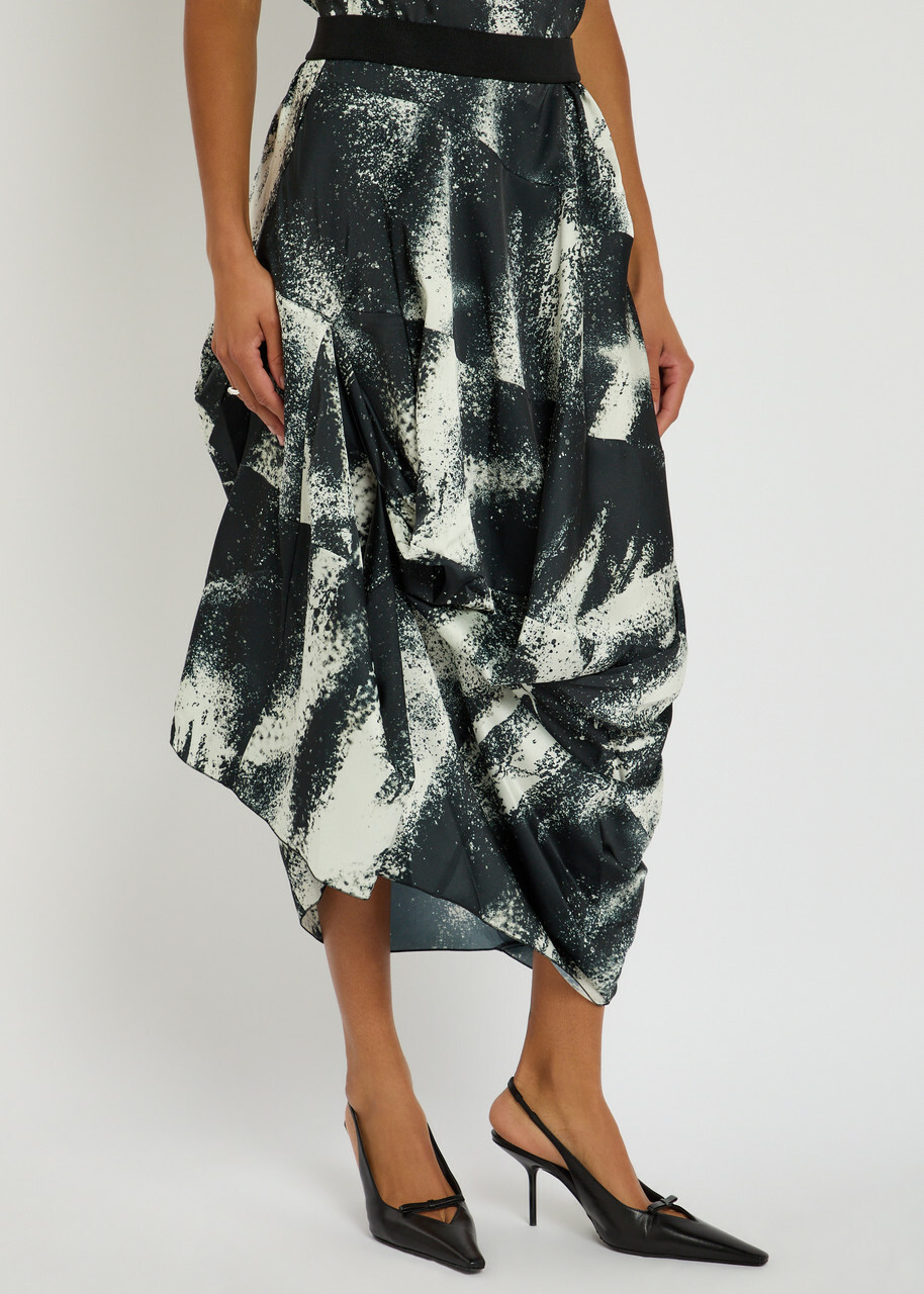 High Geek Printed Satin Midi Skirt Black