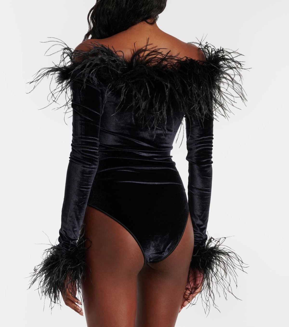 Oséree Feather-trimmed velvet bodysuit